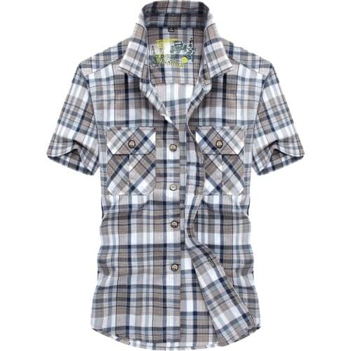 Brand Summer Plaid Men Shirt Outwear Casual Breathable Short Sleeve Shirts Male Cotton Turn-down Camisa masculina Size M-4XL