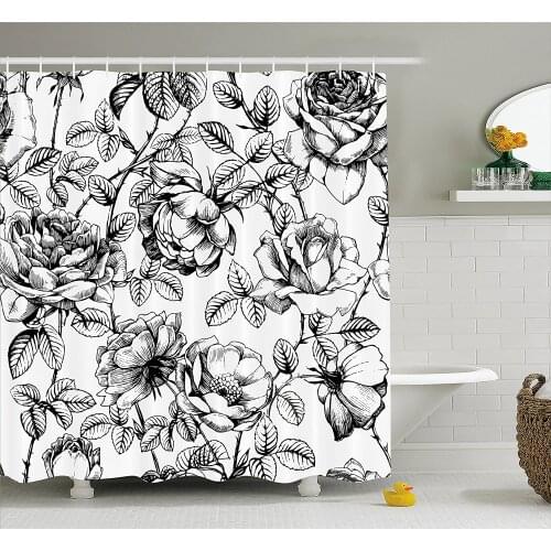 Floral Shower Curtain Hand Drawn Rose Petals Branches Leaves Shabby Chic Fragrance Artful Illustration Bathroom Curtains
