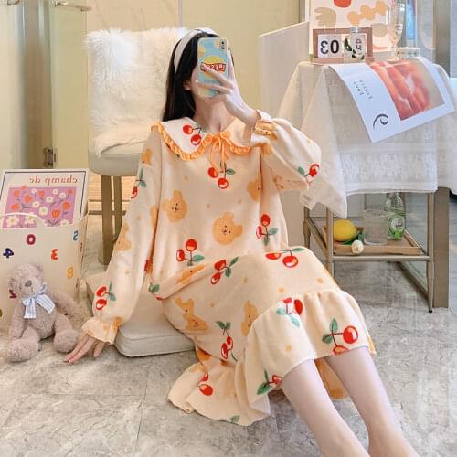 Home Wear Style Young Girl Cute Warm Flannel Nightdress Knee-Length Autumn Winter Women Sleepwear Dress Doll Collar Nightshirt
