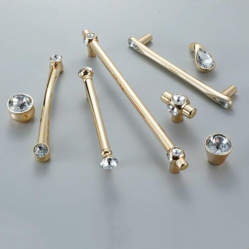 European Luxury Crystal Solid Zinc Alloy Golden Cabinet Handles Kitchen Cupboard Wardrobe Door Pulls Furniture Hardware