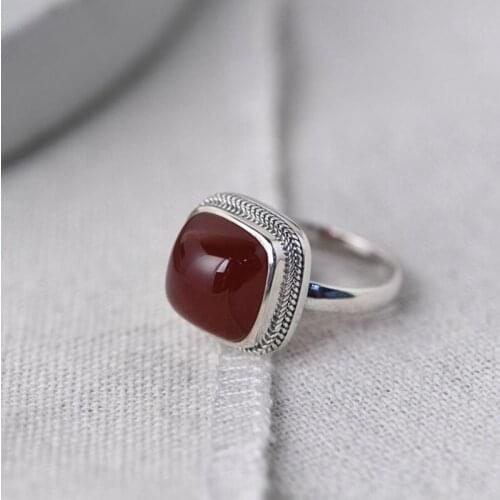 FNJ 925 Silver Ring for Women Jewelry 100% Original Pure S925 Sterling Silver Rings Red Agate Square Stone