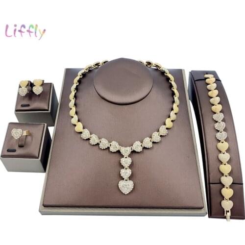 Liffly African Fashion Jewelry Sets Elegant Bridal Wedding Heart Necklace Bracelet Earrings Ring Crystal Jewelry Party Gift