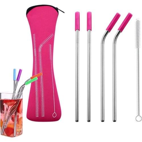 6Pcs/set Reusable Stainless Steel Straws Straight Bent Drinking Straws with Silicone Tips for Hot Cold Beverage Drink With Brush