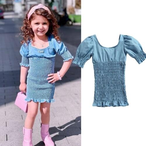 Fashion Denim Girls Dress Blue Solid Color Short Sleeve Square Collar Close-fitting Dresses Summer Streetwear 1-5Y