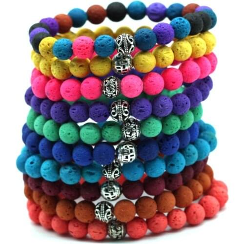 10Pcs/Set Fashion Volcanic Stone Beads Bracelet Rainbow Lava Rock Healing Balance Bracelet Reiki Prayer Stone BT83