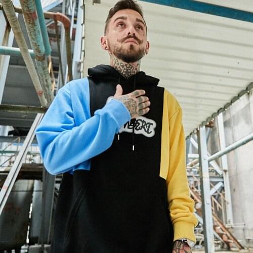 Spring autumn Mens Tri-color Splice Hoodies High Street Fashion Hip Hop Streetwear Patchwork Hit Color Couple Pullover Tracksuit