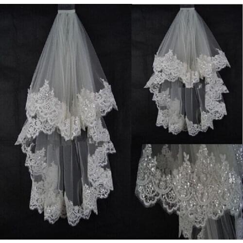 New Ivory White Elbow Length Short Wedding Bridal Veil with Sequined Lace
