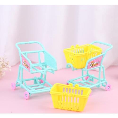 New Hot！Mini Shopping Cart Dollhouse Mini Supermarket Hand Trolley Shopping Basket Decor Dollhouse Pretend Toy
