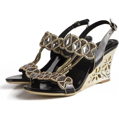 2019 Summer Large Size Black Bow Pattern Rhinestone Wedge Sandals Wild Open Toe Retro Boho Style High Heels Beach Party Shoes