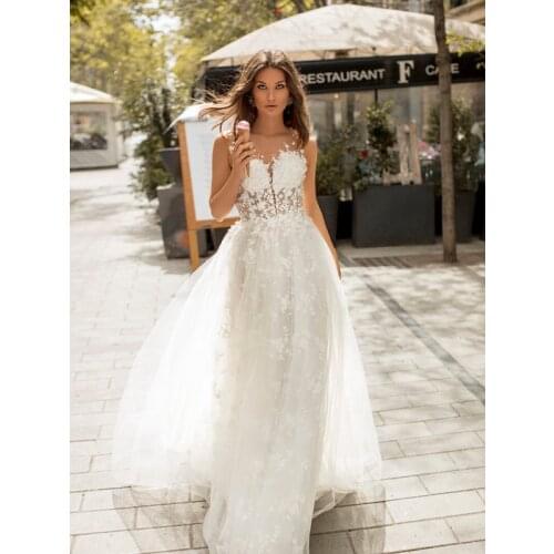 Sexy A-Line Wedding Dresses Floral Lace Applique Deep V Neck Vestido De Noiva Custom Made Bridal Dress