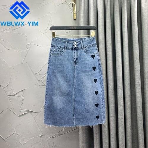 Spring Summer Women Plus Size Denim Skirt Pocket High waist Mid Long Skirt Female Fashion Love Embroidery A-Line Jeans Skirts