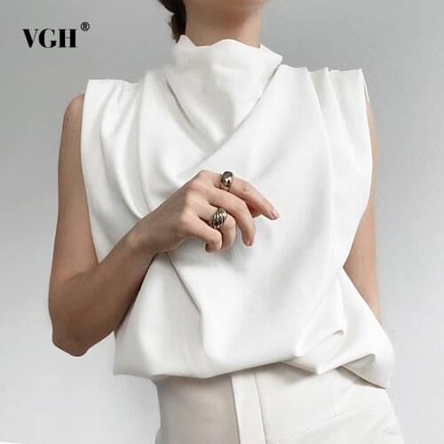 VGH Summer Casual White Ruched T Shirt For WomenTurtleneck Sleeveless Tank Large Size Loose Shirt Female Fashion New 2020