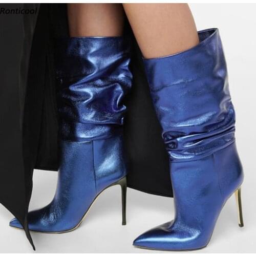 Ronticool New Fashion Women Mid Calf Boots Stiletto Heels Pointed Toe Beige Blue Brown Catwalk Party Shoes Plus US Size 5-16