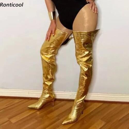 Ronticool New Women Winter Thigh Boots Croc Back Zipper Sexy Stiletto Heel Pointed Toe Gold Silver Black Party Shoes Size 35-47