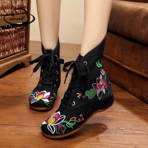 Yauamdb Women Boots Female 34-41 Spring Autumn Ankle Boots Embroidered Flowers High Top Lace Up Ladies Canvas Shoes Ly41