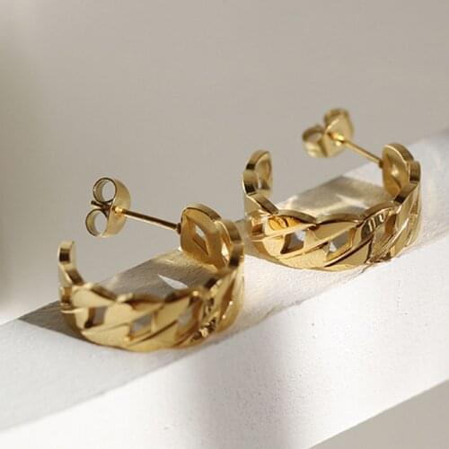 Curb chain chunky thick hoop earring stainless steel gold color for women french hollow half circle earring fashion 2020