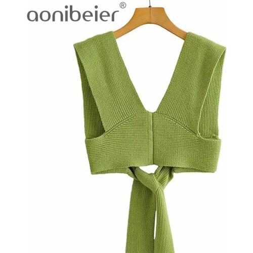 Aonibeier 2021 Za Woman Casual Traf Pull Sweaters Autumn Winter Sleeveless Bandage Wrap Stretch Knit Vest V Neck Slim Gilets