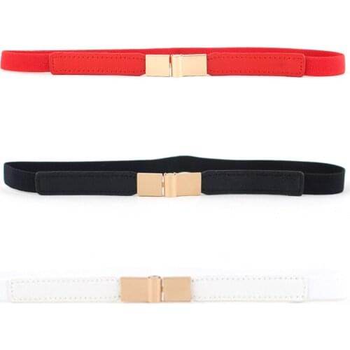 Women Skinny Gold Clasp Buckle Elastic Belt Dress Faux Leather Stretch Waistband BLTLL0303