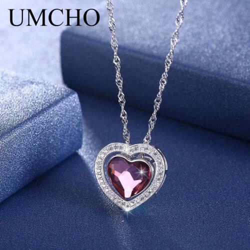 UMCHO Solid 925 Sterling Silver Crystal Heart Pendant Necklace For Women Girl Prom Banquet Wedding Engagement Party Fine Jewelry