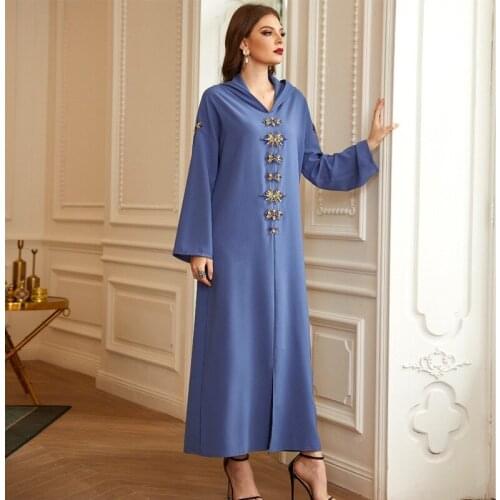 Women Jellaba Handsewn Rhinestones Maxi Hooded Dress Jalabiya Loose Long Sleeves Muslim Dubai Moroccan Gown Party Evening Caftan