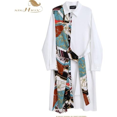 SISHION 2021 Spring Black White Women Shirt Dress VD1671 Loose Long Sleeve Patchwork Streetwear Printed Dress Y2K vestidos