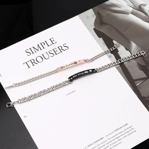 2Pcs Jewely Gift for Lovers His Queen Her King Stainless Steel Couple Bracelets