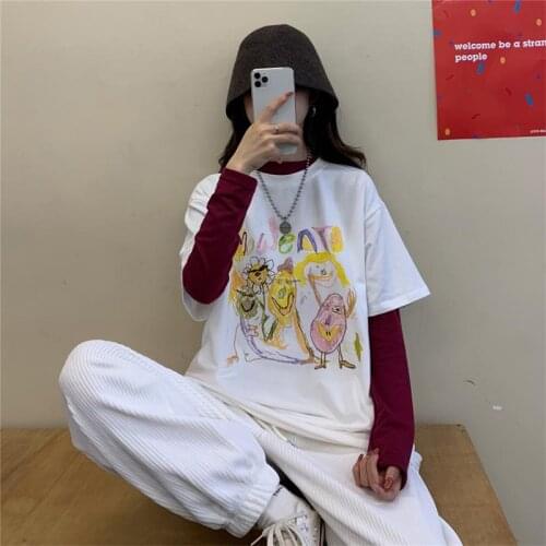 2020 Loose Abstract Cartoon Print T-shirt Female Korean Harajuku Womens T-shirts Tops Japanese Kawaii Ulzzang Clothes For Women