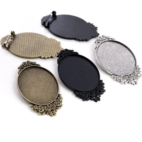 New Fashion 5pcs 30x40mm Inner Size Antique Silver Plated Bronze/Black Pin Brooch Pierced Style Base Setting Pendant
