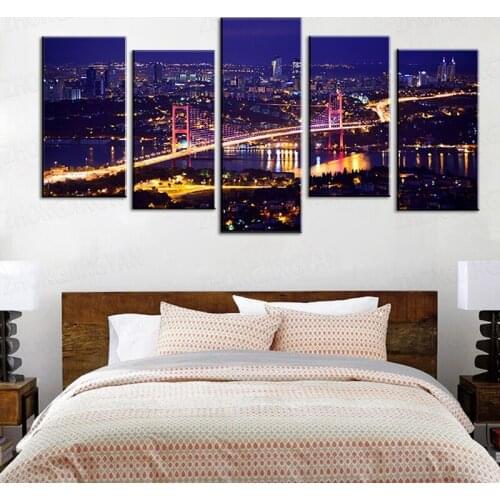 5 pieces Canvas Posters Aesthetic Beautiful Panorama Of Bosphorus Bridge Istanbul Turkey Night View Landscape Home Decor Picture