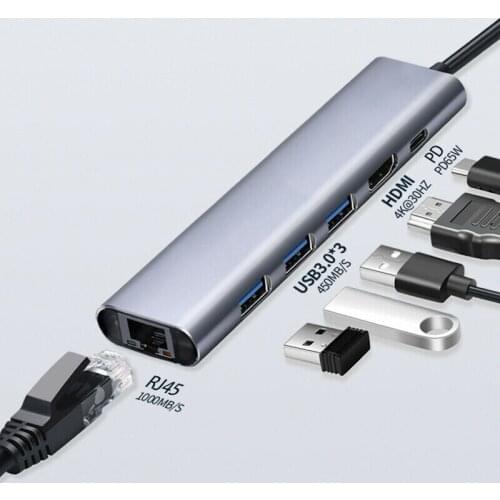 6-in-1 USB Type C to HDMI USB 3.0 Adapter Hub for USB-C Laptop Phone Tablet