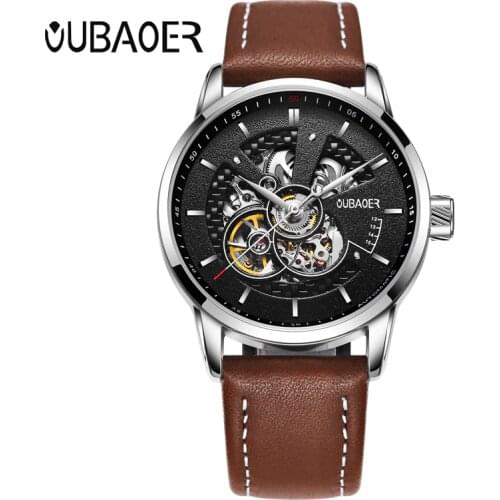 OUBAOER Brand Mens watches Automatic Mechanical Watch Men sport Military Wrist watches Man Leather strap Black Clock Relojes