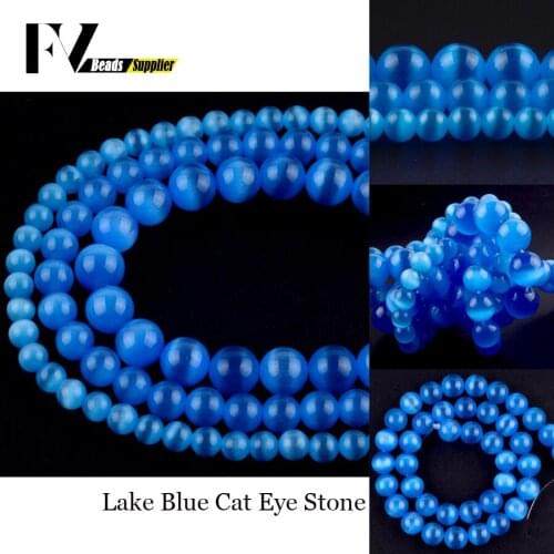 Wholesale 4-12mm Natural Lake Blue Cat Eye Spacer Round Stone Beads For Jewelry Making DIY Bracelets Necklace Needlework 15"