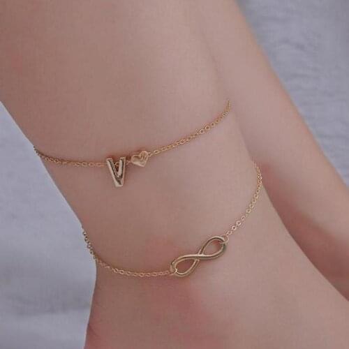 Double Layers Gold Color Heart Letters Anklets Leg Bracelets Set Simple Barefoot Ankle Chain Sandal Summer Boho Foot Jewelry