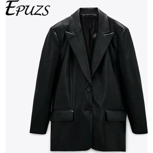 Elegant black PU leather blazer za 2020 women blazer mujer casual long sleeve office suit jacket winter ladies korean blazer