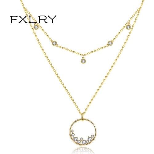 FXLRY Elegant AAA Cubic Zirconia Micro Paved Double Layer Round Pendant Necklace For Women Jewelry