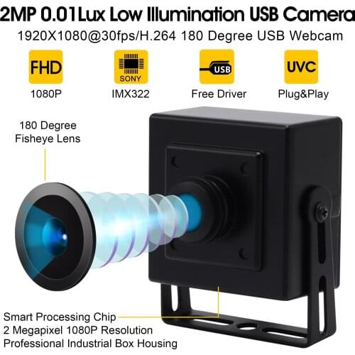 H.264 30fps 1920*1080 USB Web Camera Sony IMX322 Fisheye Low illumination 0.01lux CMOS Wide Angle Webcam for Computer PC Desktop