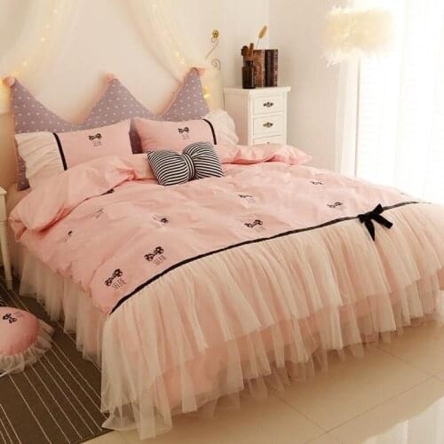 Princess Pink Blue Lace Pure Cotton Bedding 4pcs Set Queen King Size Girl Heart Bows Ruffle Korean Bedding DuvetCover Pillowcase