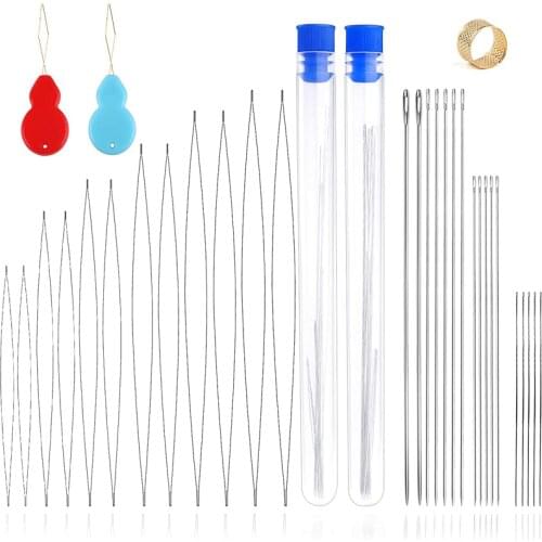 LMDZ 34Pcs Beading Needles Set Assorted Size Beading Needles Long Straight Beading Needles with Thimble Threaders Needle Bottle