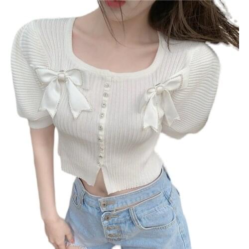 Cute Summer Sweater V collar Short diamond-encrusted bow butterfly Summer 2021 short-sleeved Young girl Knitwear Womens 99J