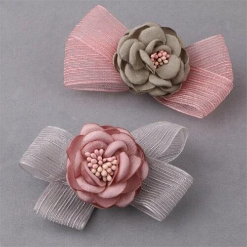 Trendy New Fabric Flower Decorated Chiffon Ribbon Bow Button Patch Sticker Girls Hair Jewelry Clips Headband Decor 10PCs Patchs