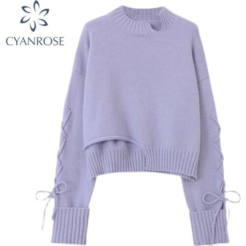 Fashion Korean Loose Long Sleeve Chic Sweater Women Autumn 2021 Y2k Streetwear Irregular Purple Knitted Pullover Sweater Female