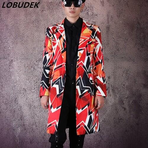 Bar Nightclub Stage Concert Male Singer Long Blazer Geometric Pattern Long Coat Streetwear Hip Hop Suit Jacket Stage Costume 3XL