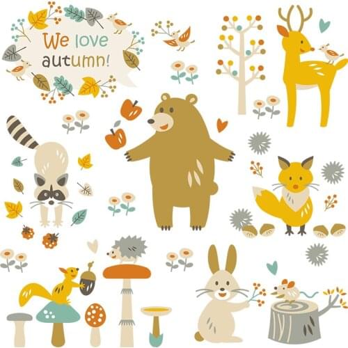 Autumn Animals Bear Rabbits Fox Iron on Heat Transfer Printing Patches Sticker Washable For T-shirts Clothing DIY Stickers