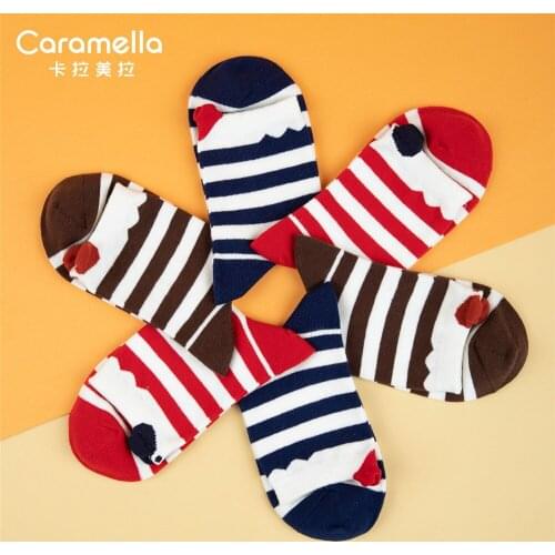 Caramella 2020 New Stripe Women Socks 3Pairs/Lot Classic Bowtie Girls Socks Colorful Cotton Short Socks Wave Design Female Socks