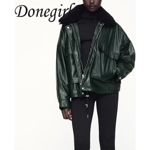 2021 New Autumn Winter Women Vintage Fur Collar Splicing Faux Fur Leather Coats Casual Female Warm Pocket Jacket Outwear ZA