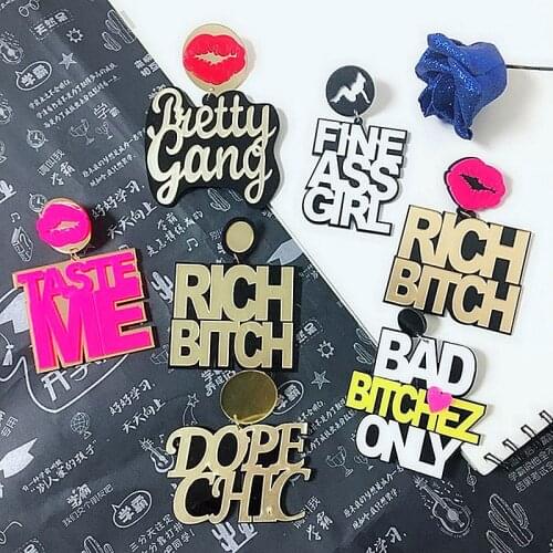 New Trendy Acrylic Gold RICH BITCH Letter Big Earrings For Women Pendant Hip-Hop Sexy Red Lip Drop Earrings Brincos Jewelry Gift