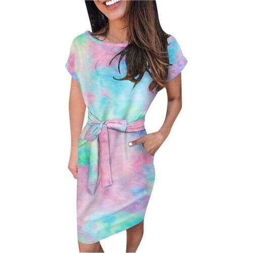 Gradient Tie-dye Dress, Short-sleeved Belt and Knee Skirt Printed Fashion Casual 2021 Color-changing Round Neck Waist Tie Dress