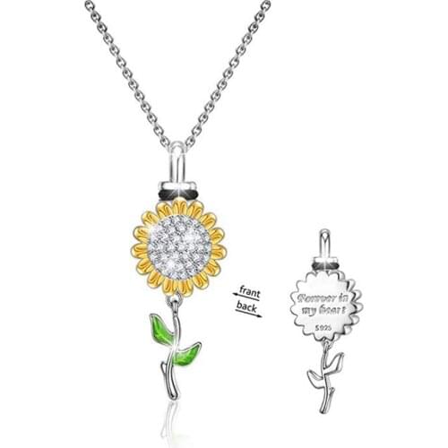 Sunflower Ashes Pendant Necklace Memorial Urn Pendant Openable Rhinestone Necklace Ash Case Holder Letter "Remember In My Heart"