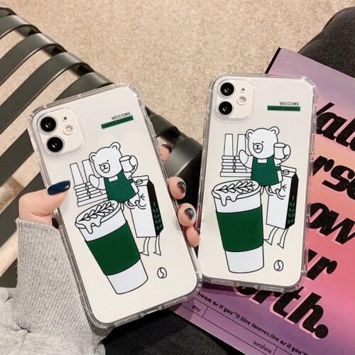 GYKZ Cute Bear Milk Pattern Clear Phone Case For iPhone 11 Pro 12 XR X XS MAX SE 20 7 8 Plus Cartoon Coffe Soft TPU Cover Fundas