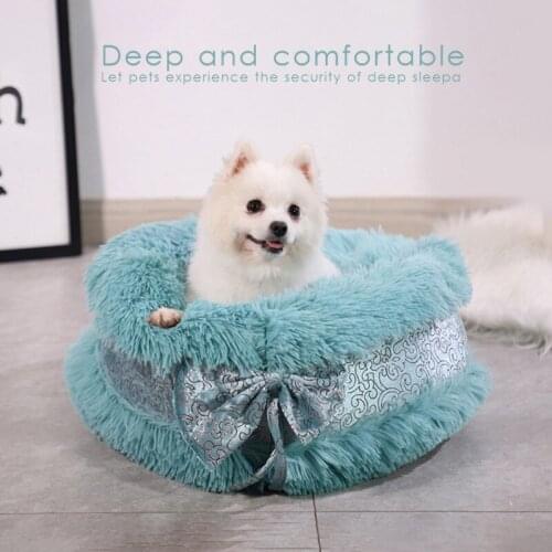 Luxury Bow Decoration Fluffy Round Cat Beds House Soft Long Plush Best Pet Dog Bed For Dogs Basket Pet Products Cushion Cat Bed